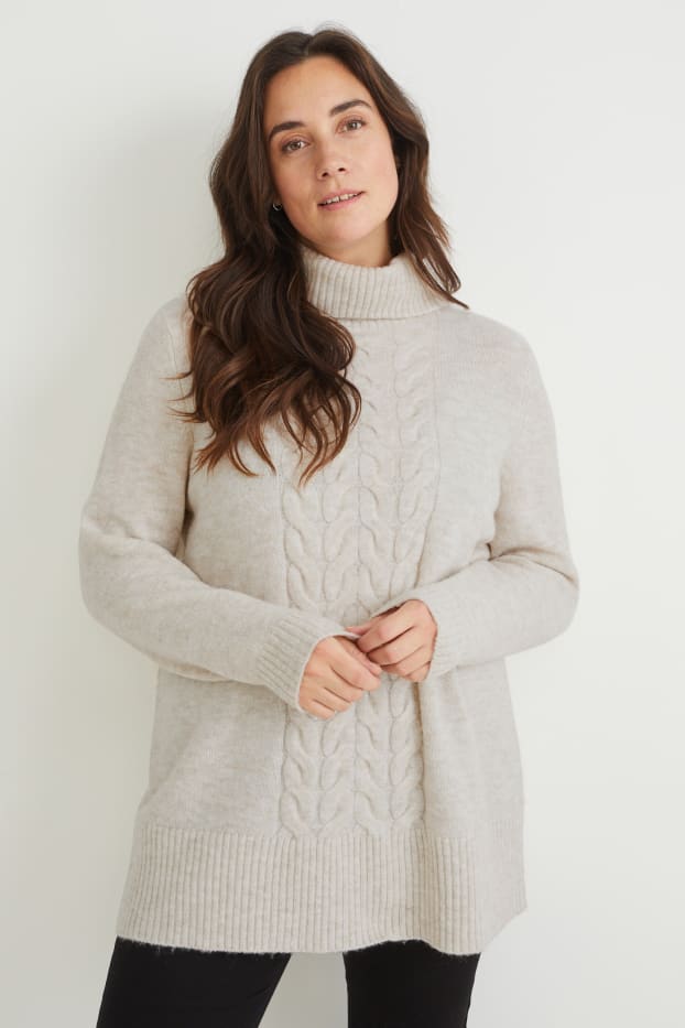 Femmes - Pullover à col roulé - matière recyclée - beige chiné