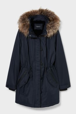 Parka with hood and faux fur trim