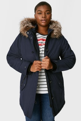 Parka with hood and faux fur trim