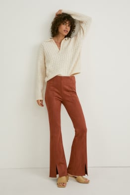 Trousers - high waist - flared - faux suede