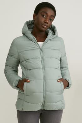 Maternity quilted jacket with hood and baby pouch