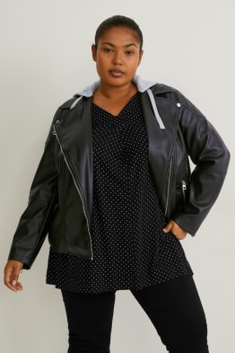 Biker jacket with hood - faux leather