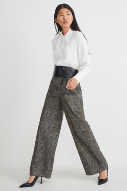 Plátěné kalhoty - high waist - wide leg - kostkované