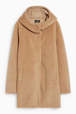 Faux fur coat with hood