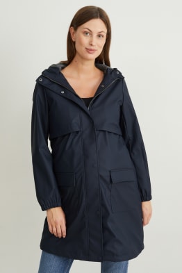 Maternity rain jacket with hood and baby pouch