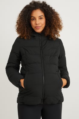 Maternity quilted jacket with hood and baby pouch