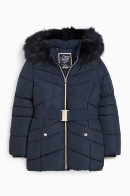 Quilted jacket with hood and faux fur trim