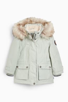 Jacket with hood and faux fur trim