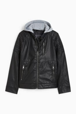 Biker jacket with hood - faux leather