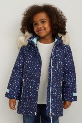 Rain jacket with hood and faux fur trim - patterned