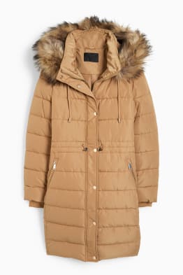 Quilted coat with hood and faux fur trim