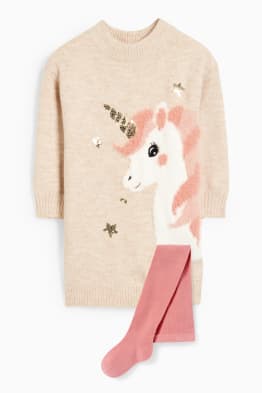 Unicorno - set - vestito in maglia e calzamaglia - 2 pezzi
