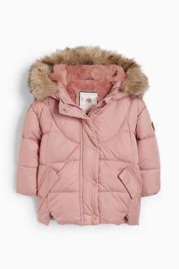 Baby quilted jacket with hood and faux fur collar