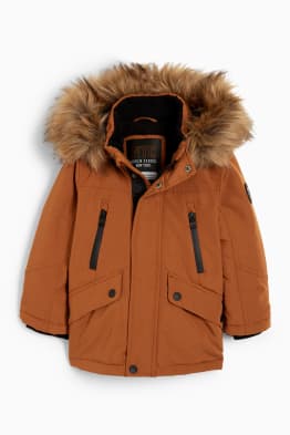 Parka with hood and faux fur trim