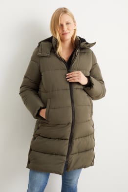 Maternity quilted coat jacket with hood and baby pouch