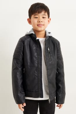 Biker jacket with hood - faux leather