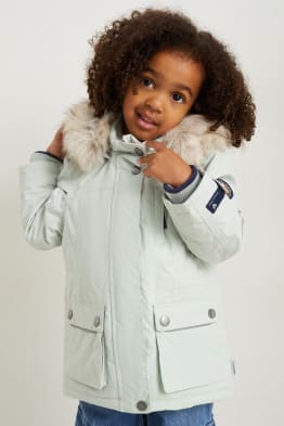 Jacket with hood and faux fur trim