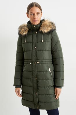 Quilted coat with hood and faux fur trim