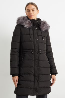 Quilted coat with hood and faux fur trim