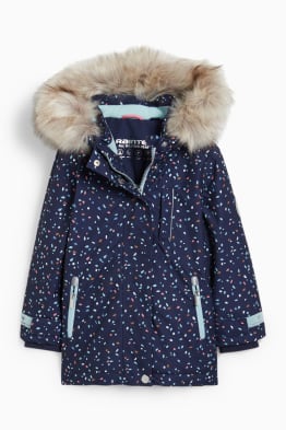 Rain jacket with hood and faux fur trim - patterned