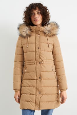 Quilted coat with hood and faux fur trim