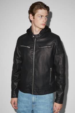 Biker jacket with hood - faux leather