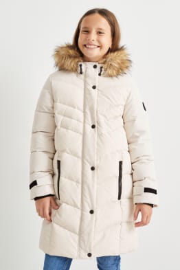 Down jacket with hood and faux fur trim