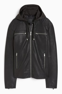 Biker jacket with hood - faux leather