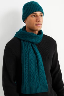 Set - knitted hat and scarf - 2 piece - cable knit pattern