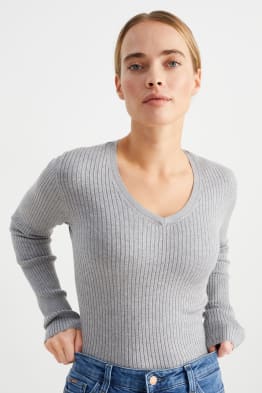 Sweter z linii basic z dekoltem w szpic - prążkowany
