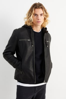 Biker jacket with hood - faux leather