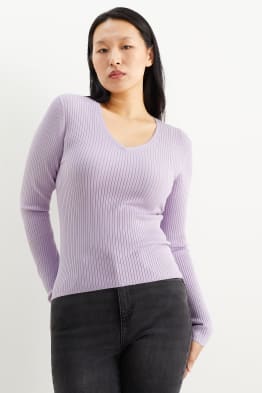 Basic-Pullover mit V-Ausschnitt - gerippt