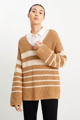 Pullover mit V-Ausschnitt - gerippt - gestreift
