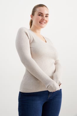 Basic-Pullover mit V-Ausschnitt - gerippt