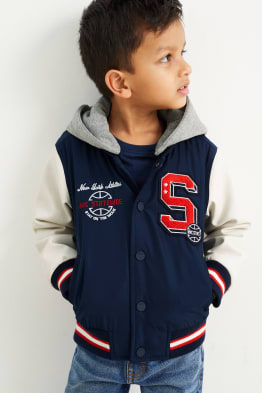 Varsity jacket with hood