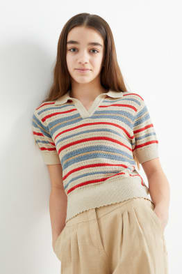 Pletený svetr - s krátkým rukávem - pruhovaný