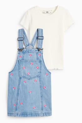 Floral - set - short sleeve T-shirt and denim pinafore dress - 2 piece