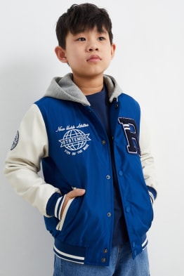 Varsity jacket with hood