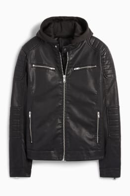 Biker jacket with hood - faux leather