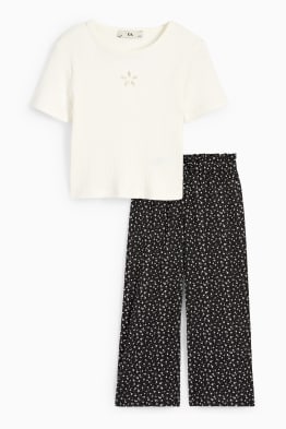Květinový motiv - souprava - tričko s krátkým rukávem a plátěné kalhoty - 2dílná
