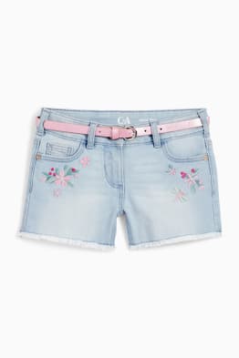 Floral - denim shorts with belt