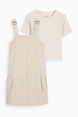 Set - tricou cu mânecă scurtă și rochie-salopetă cargo - 2 piese