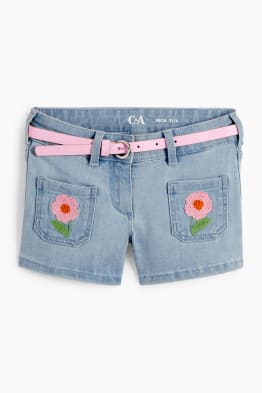 Floral - denim shorts with belt