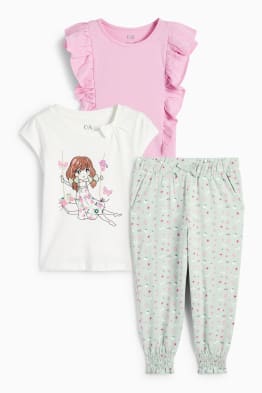 Květinové motivy - souprava - 2 trička s krátkým rukávem a žerzejové kalhoty - 3dílná