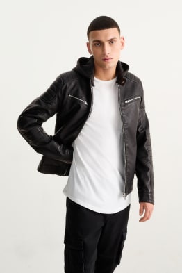 Biker jacket with hood - faux leather