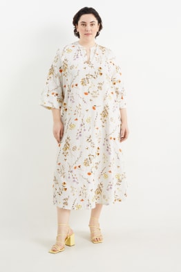 Tunikové šaty s výstřihem ve tvaru V - lněná směs - s květinovým vzorem