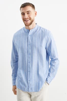 Shirt - regular fit - band collar - linen blend - striped
