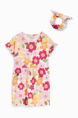 Souprava - květinový motiv - šaty a scrunchie gumička do vlasů - 2dílná