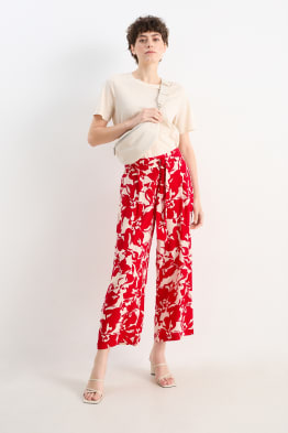 Plátěné kalhoty - high waist - wide leg - s květinovým vzorem
