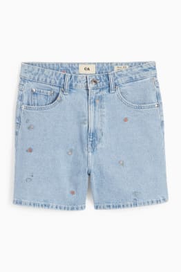 Jeans-Shorts - High Waist - geblümt